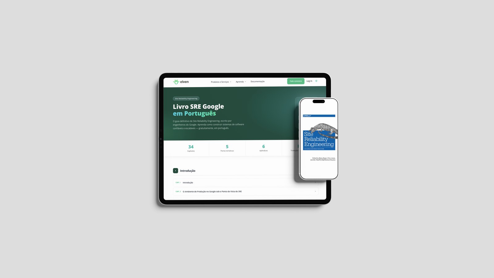 Livro SRE do Google em português, aberto em tablet e celular